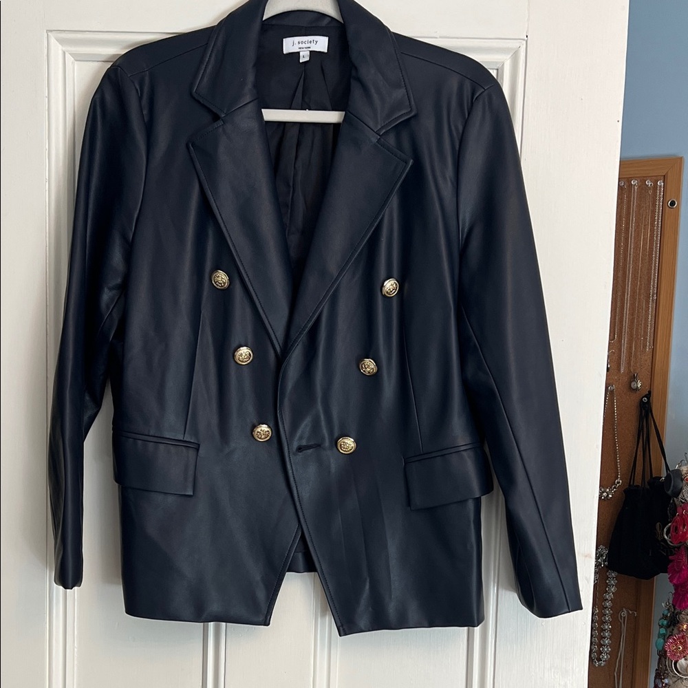 J society navy double breasted faux leather jacket